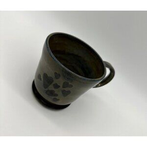 Handmade Art Pottery Mug Black Hearts Gray Cup Signed KLA Footed Love Valentines